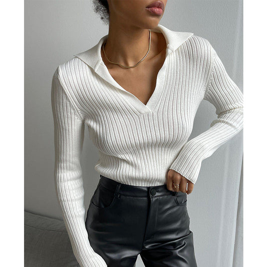 "Women’s Slim Fit Polo Collar Knit Sweater with Sunken Stripes"