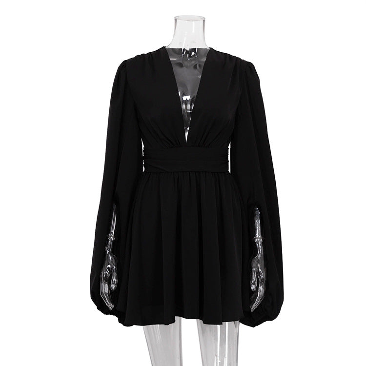 Elegant V-Neck Black Dress with Puff Sleeves