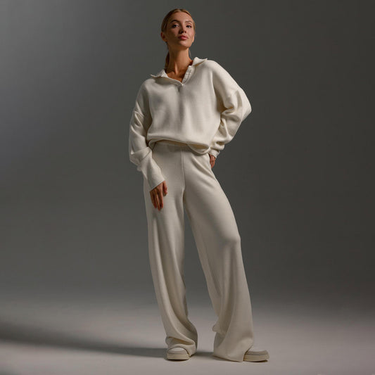 "Knitted Polo Collar Sweater & Wide Leg Trousers Set"