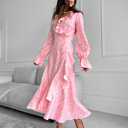 Pink Ruffled V Neck Flared Sleeves Fishtail Dress