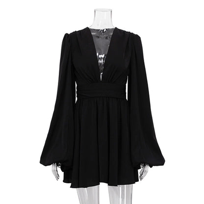 Elegant V-Neck Black Dress with Puff Sleeves