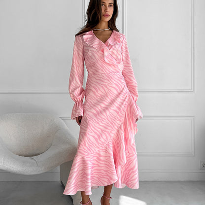 Pink Ruffled V Neck Flared Sleeves Fishtail Dress