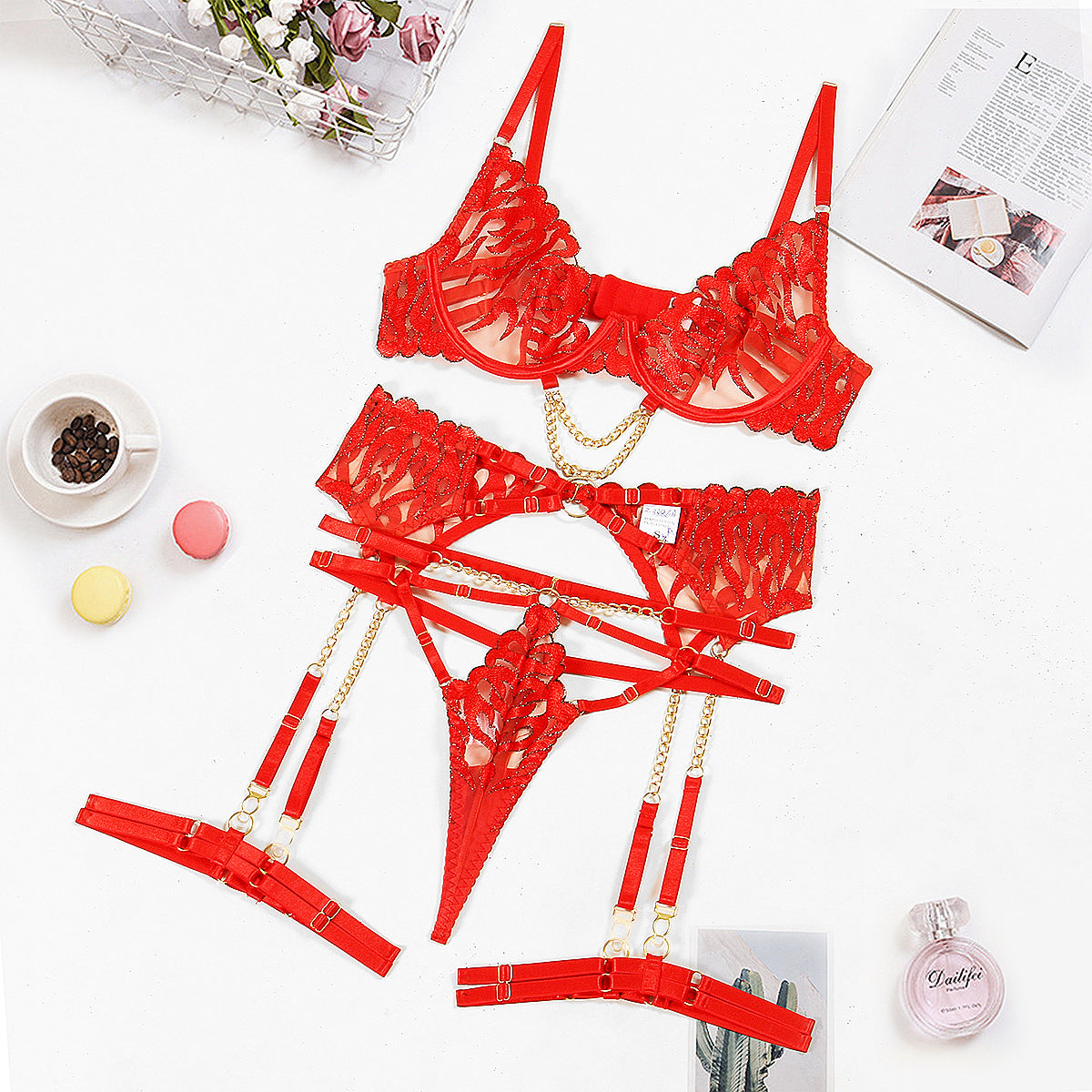 Four Piece Set  Embroidery Sexy Lingerie