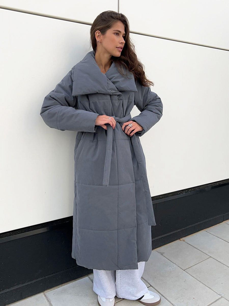 "Long Cotton Padded Winter Jacket with Stand-Up Collar"