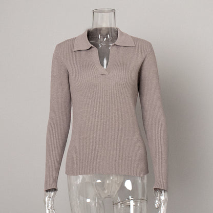 "Women’s Slim Fit Polo Collar Knit Sweater with Sunken Stripes"