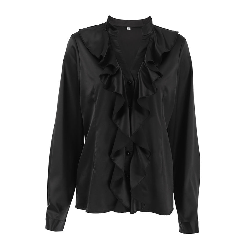 Elegant Women's Black Satin Long-Sleeve Shirt with Stand Collar