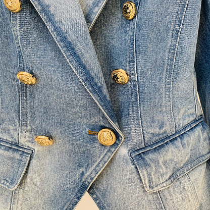 Double Breasted Denim Blazer Lion Button