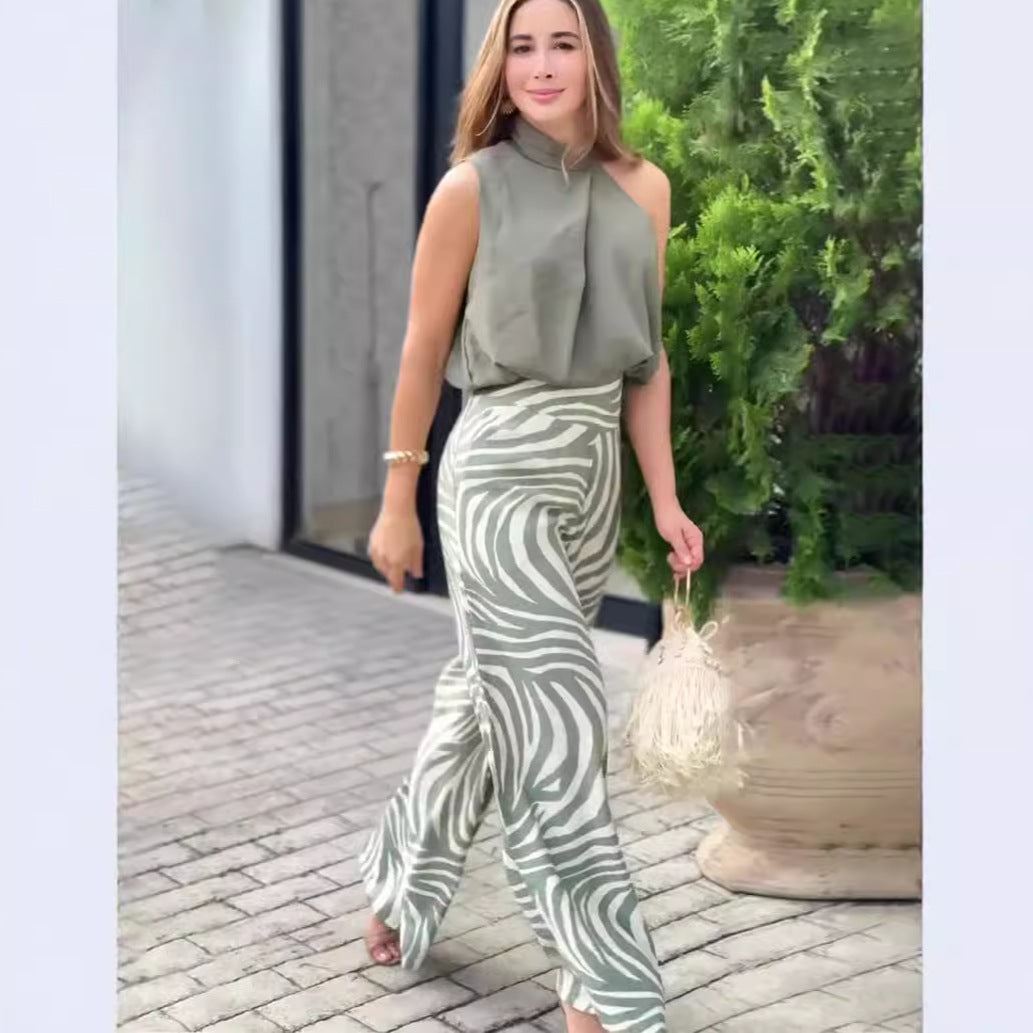 Zebra Print Wide Leg Pants Two Piece Set