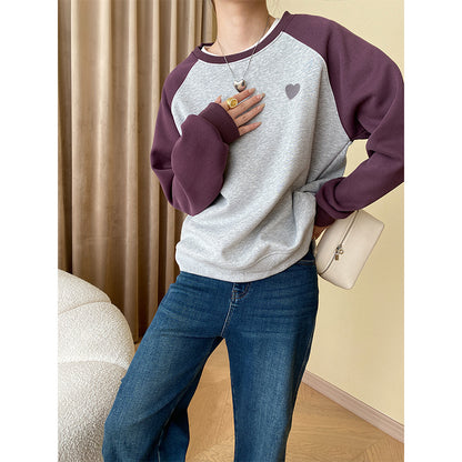 "Casual Love Embroidered Raglan Sleeve Fleece Pullover"