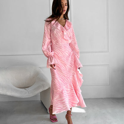 Pink Ruffled V Neck Flared Sleeves Fishtail Dress