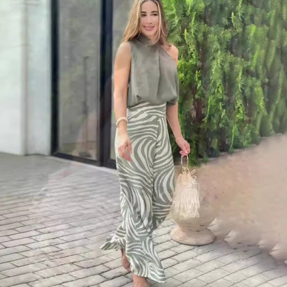 Zebra Print Wide Leg Pants Two Piece Set