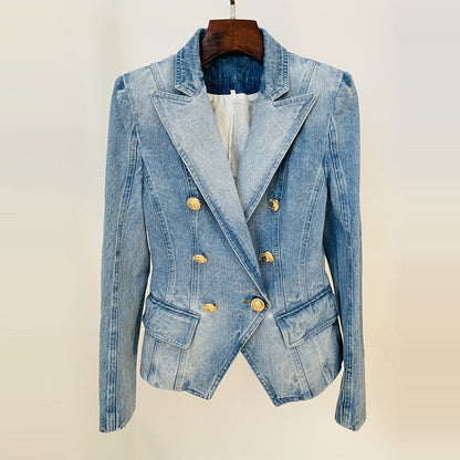 Double Breasted Denim Blazer Lion Button