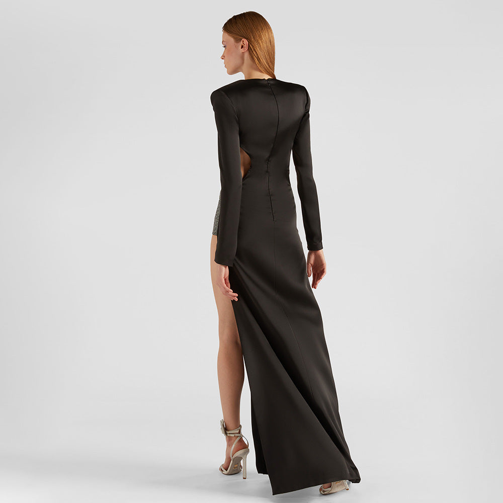 "Sexy Black Cut-Out Rhinestone Dress | Long Sleeve Split Slim Fit"