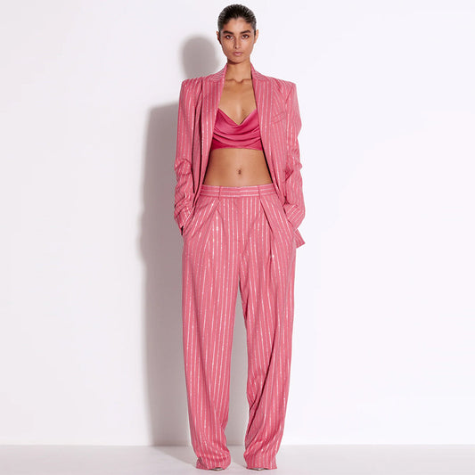 Loose-Fit Rhinestone Blazer and Trousers Set