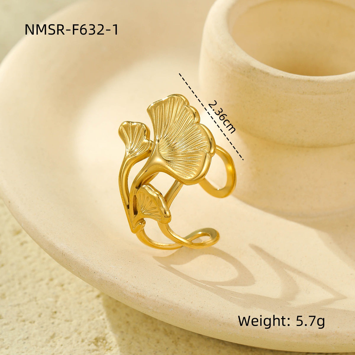 "Ginkgo Leaf Titanium Ring & 18K Gold Bracelet for Women"