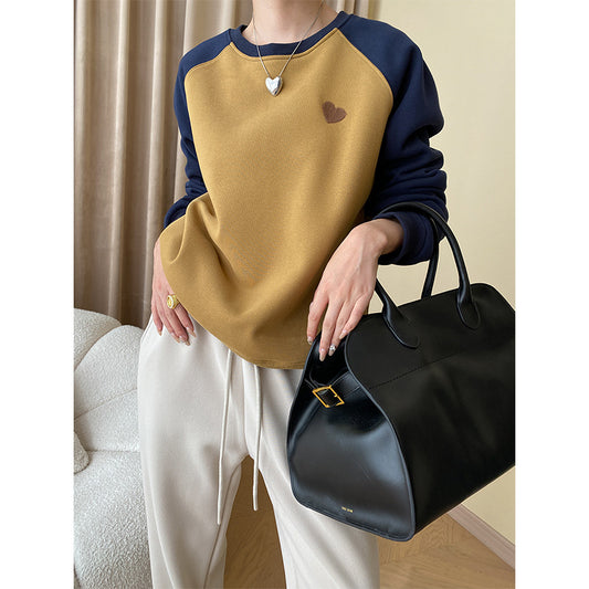 "Casual Love Embroidered Raglan Sleeve Fleece Pullover"