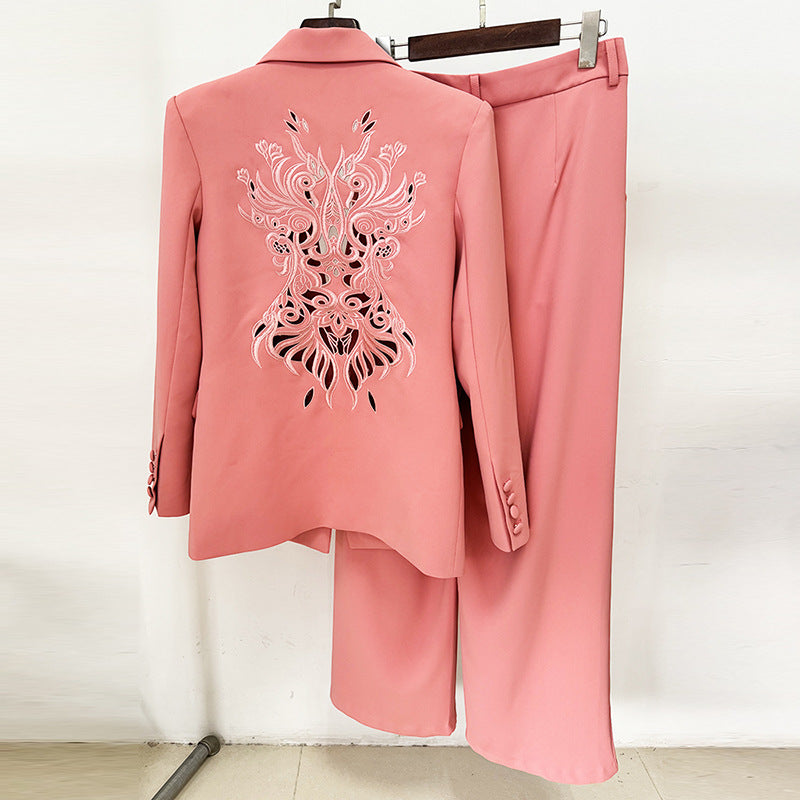 Heavy Embroidery Blazer Trousers Set Straight Leg