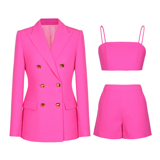 Women 3 Piece Suit Suspender Shorts Top Jacket